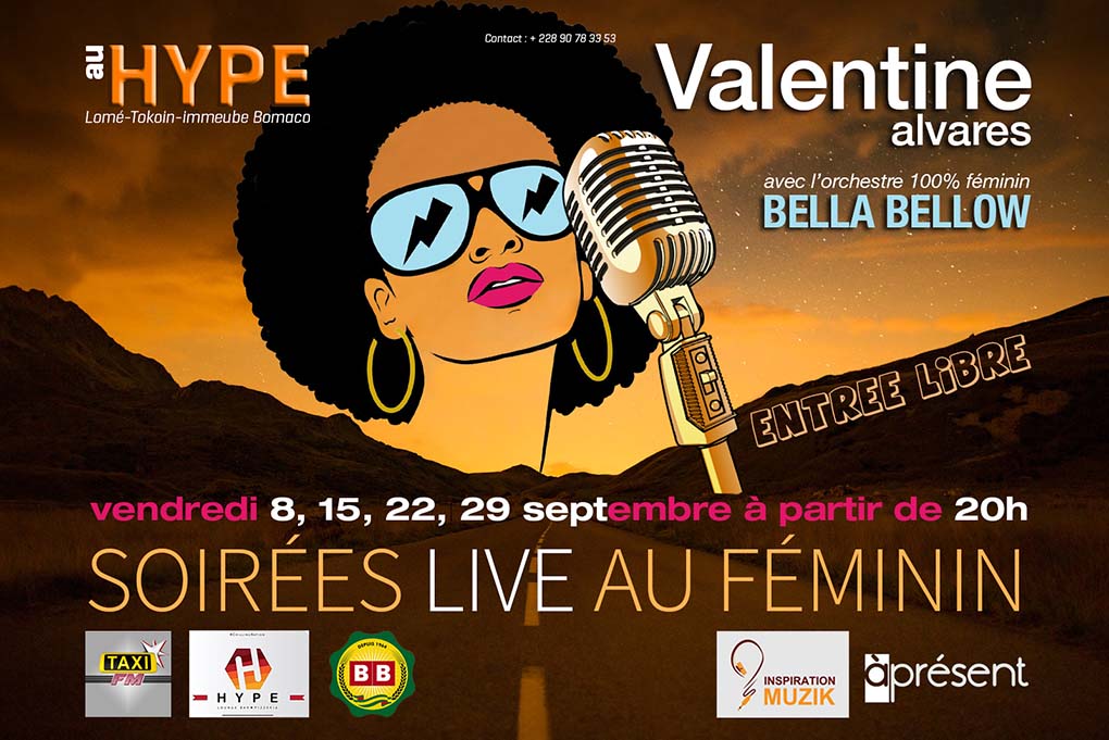 Valentine Alvares avec le groupe Bella Bellow, live chaque vendredi au Hype à Lomé.