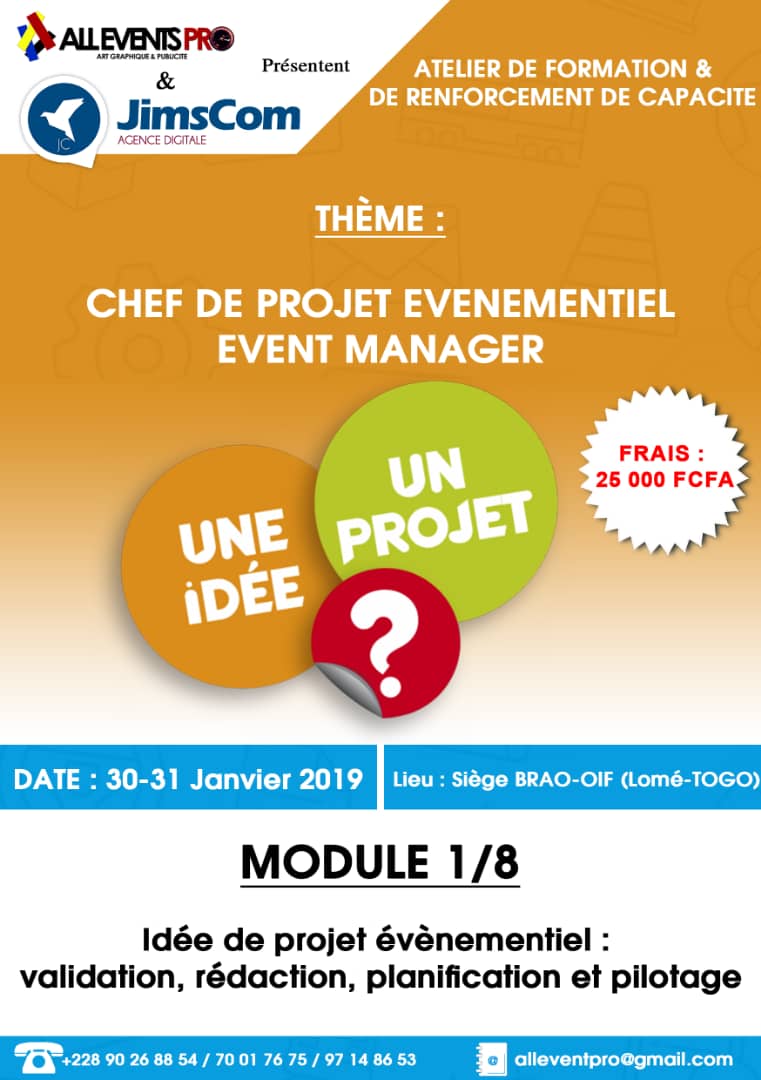 ATELIER DE FORMATION ET DE RENFORCEMENT DE CAPACITÉ CHEF DE PROJET ÉVÈNEMENTIEL / ÉVENT MANAGER