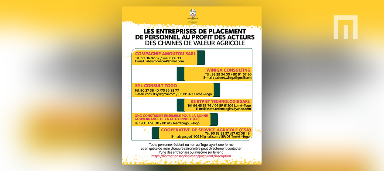 AGRICULTURE/TOGO : Création des entreprises de placement de personnel agricole